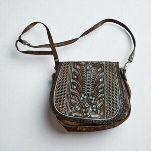 PATRICIA NASH Brown Turquoise Leather Tooled Saddle Crossbody Bag